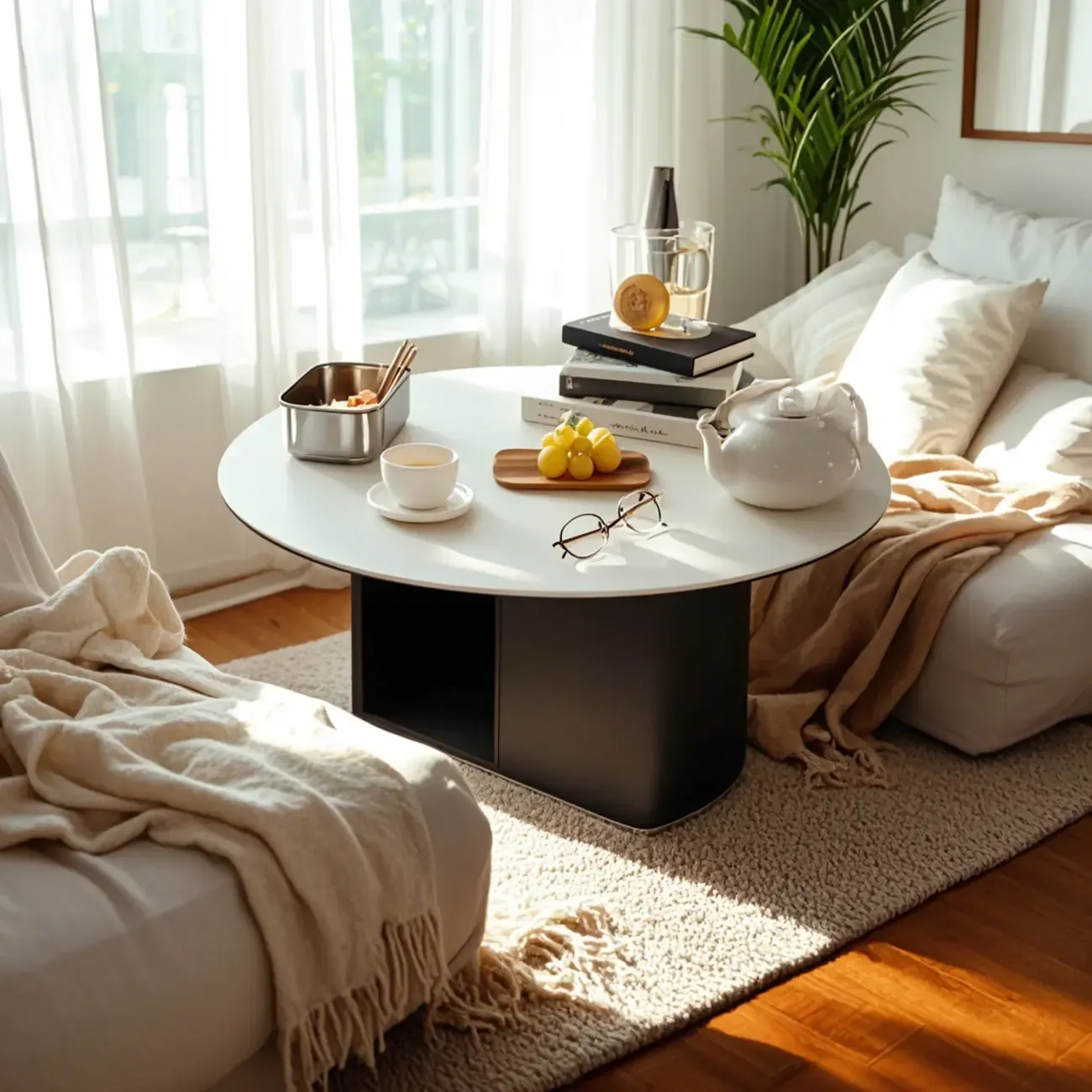Modern Travertine White Round Coffee Table with Unique Base Image - 4