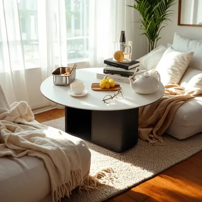 Modern Travertine White Round Coffee Table with Unique Base Image - 4