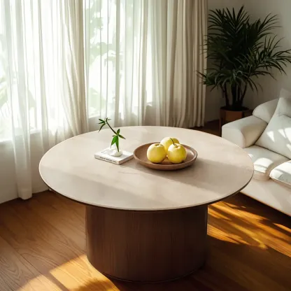 Modern Travertine White Round Coffee Table with Unique Base Image - 5