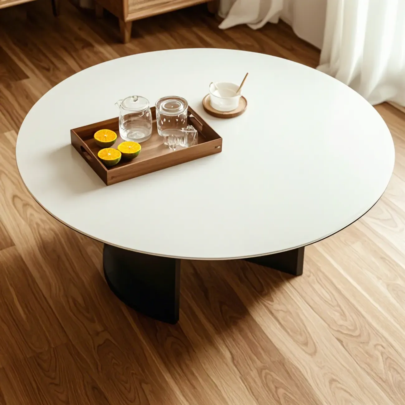 Modern Travertine White Round Coffee Table with Unique Base Image - 6