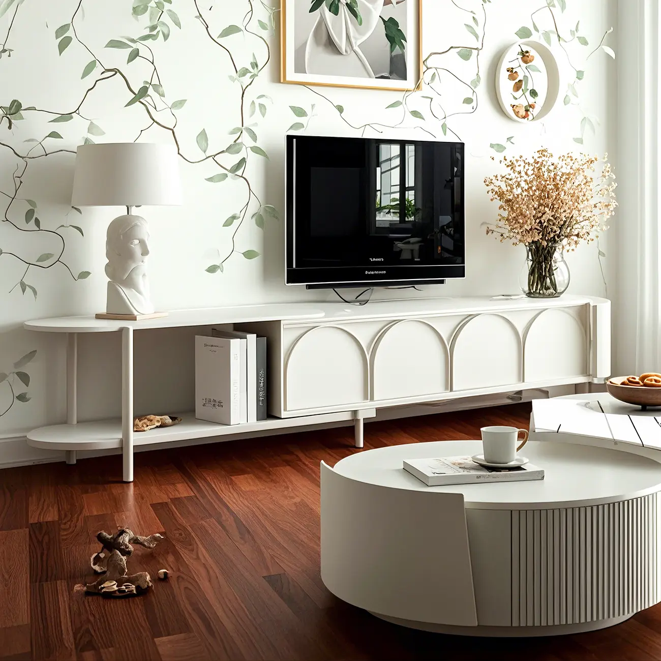 Durable Wooden Juliet Arc TV Stand with Cabinets & Drawers Image - 2 | homeyfad