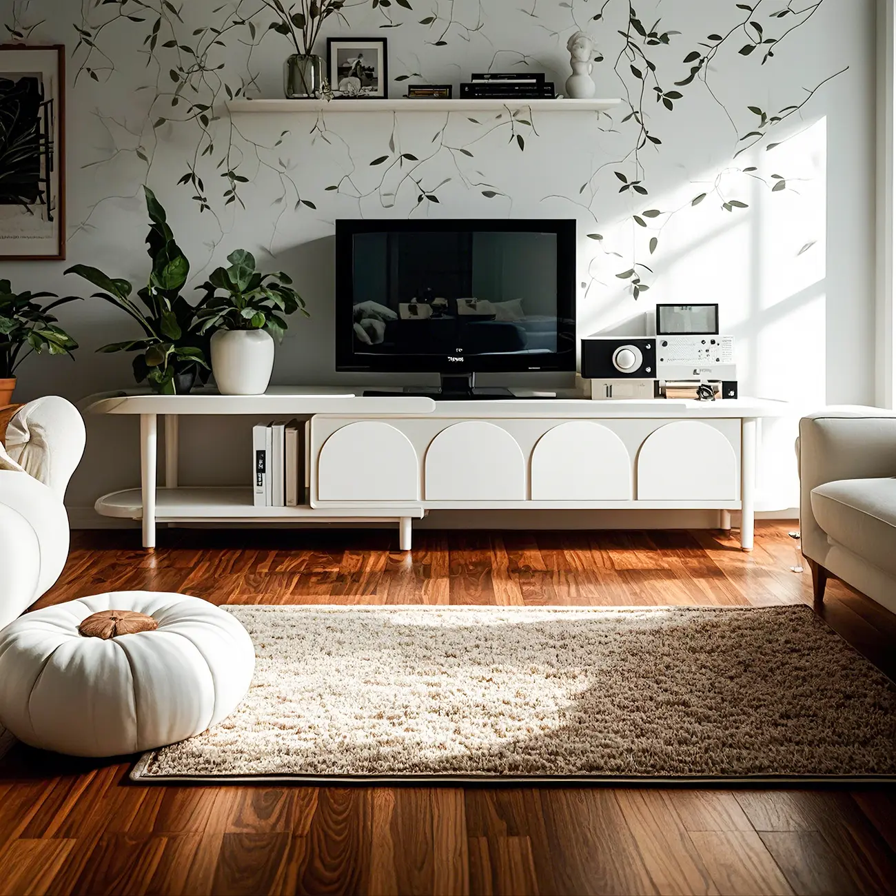 Durable Wooden Juliet Arc TV Stand with Cabinets & Drawers Image - 1 | homeyfad