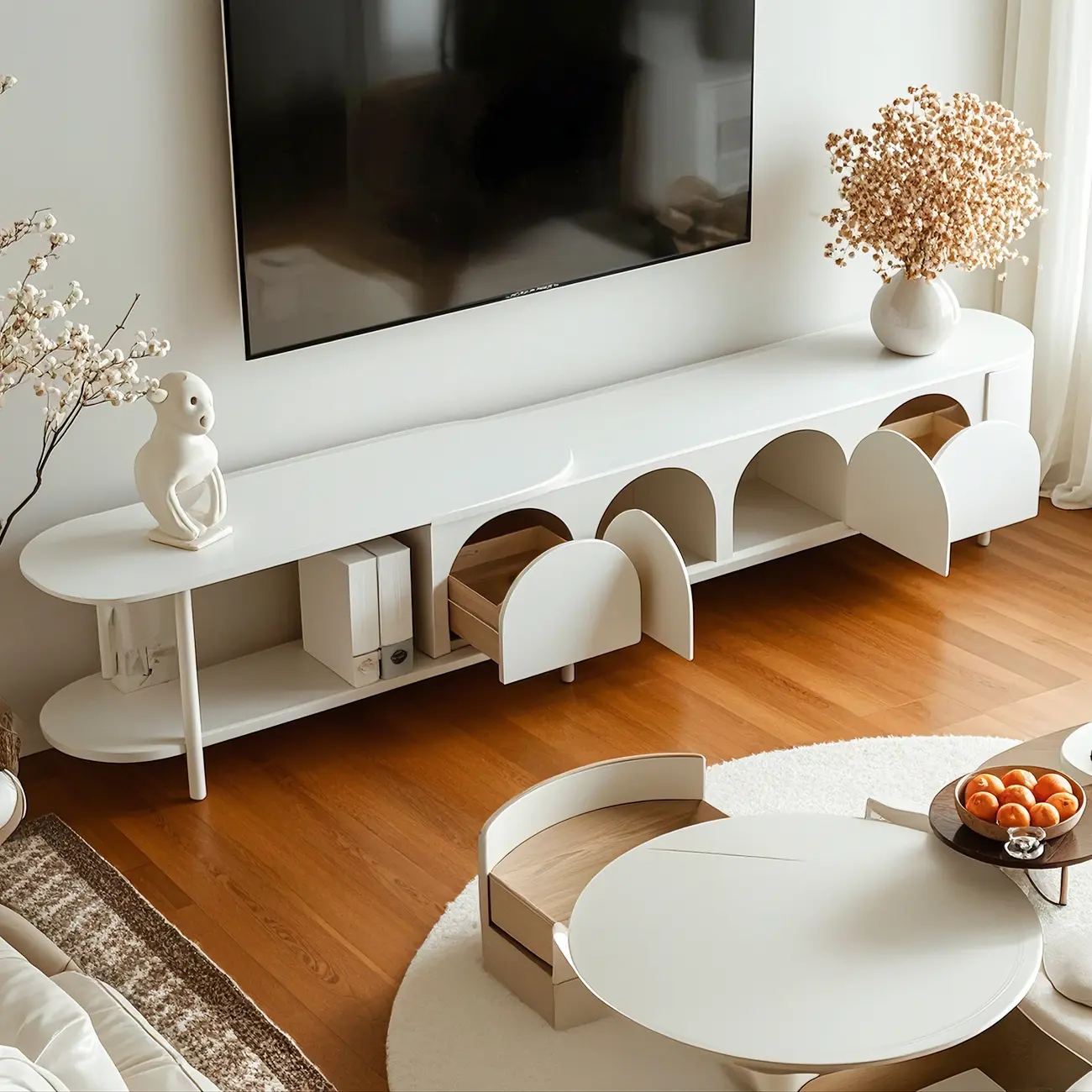 Durable Wooden Juliet Arc TV Stand with Cabinets & Drawers Image - 3 | homeyfad