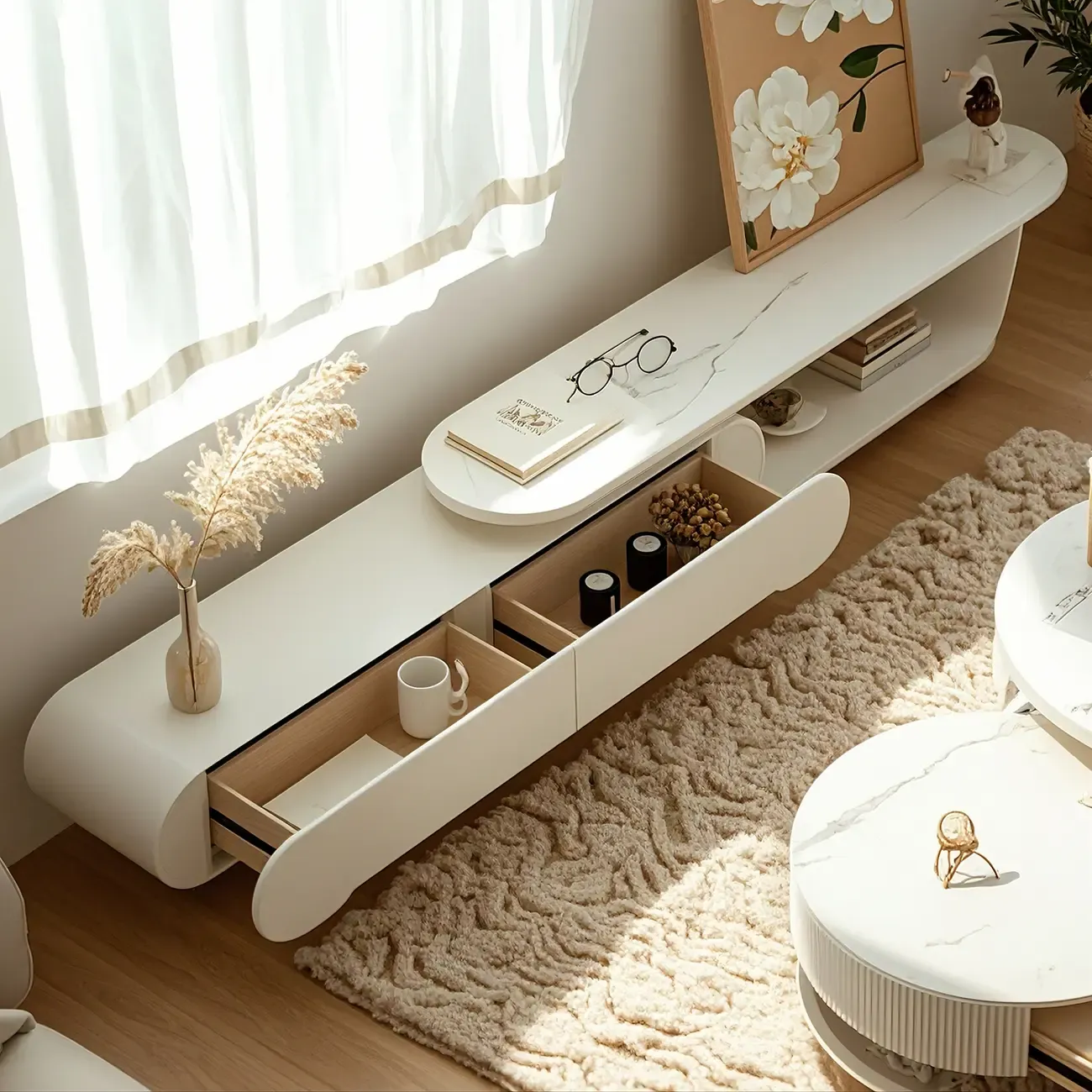 Stylish Stone TV Stand with Open Storage for Living Room Image - 3