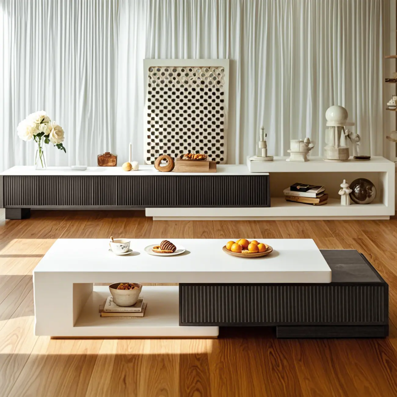 Modern Rectangular White Coffee Table with Extendable Design  Image - 5 | homeyfad