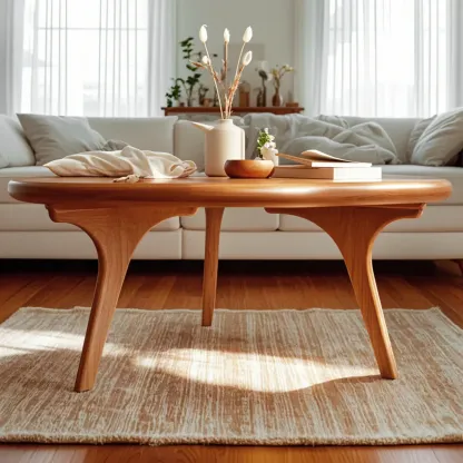 Scandinavian Wooden Round Coffee Table with Elegant Design Image - 3