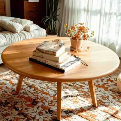 Scandinavian Wooden Round Coffee Table with Elegant Design Image - 5