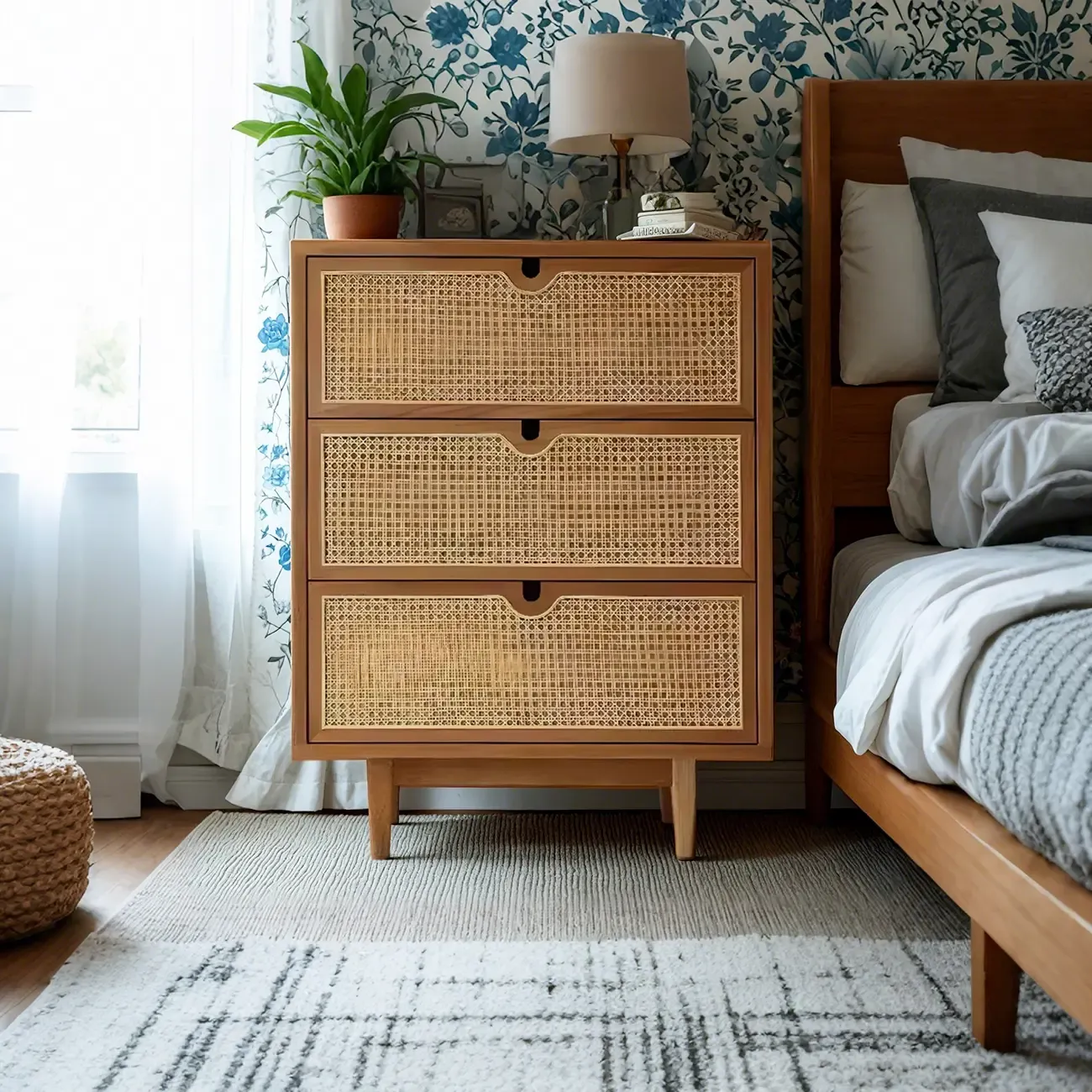 Rustic Brown Wooden Weaving Dresser for Bedroom Use Image - 3