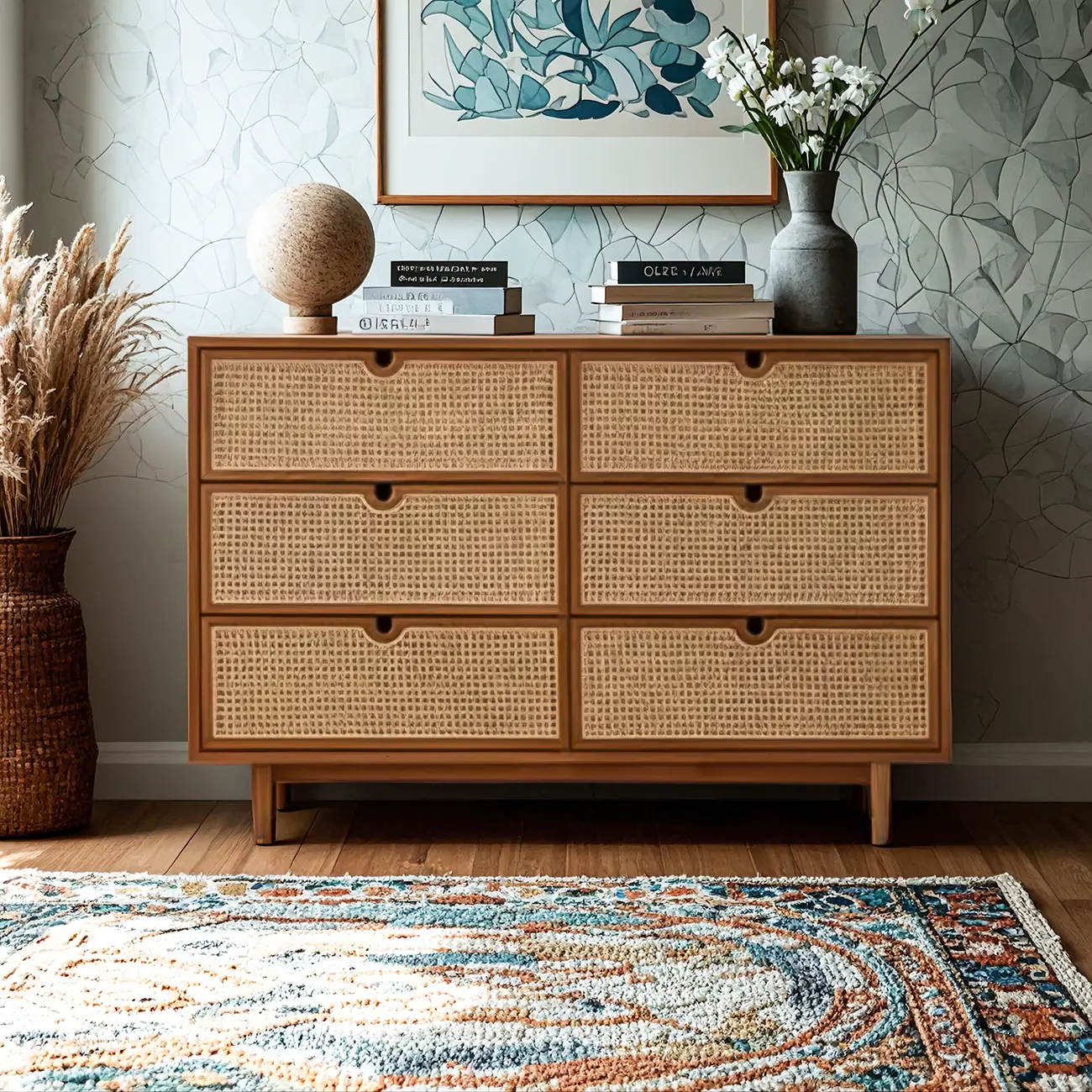 Rustic Brown Wooden Weaving Dresser for Bedroom Use Image - 1 | homeyfad