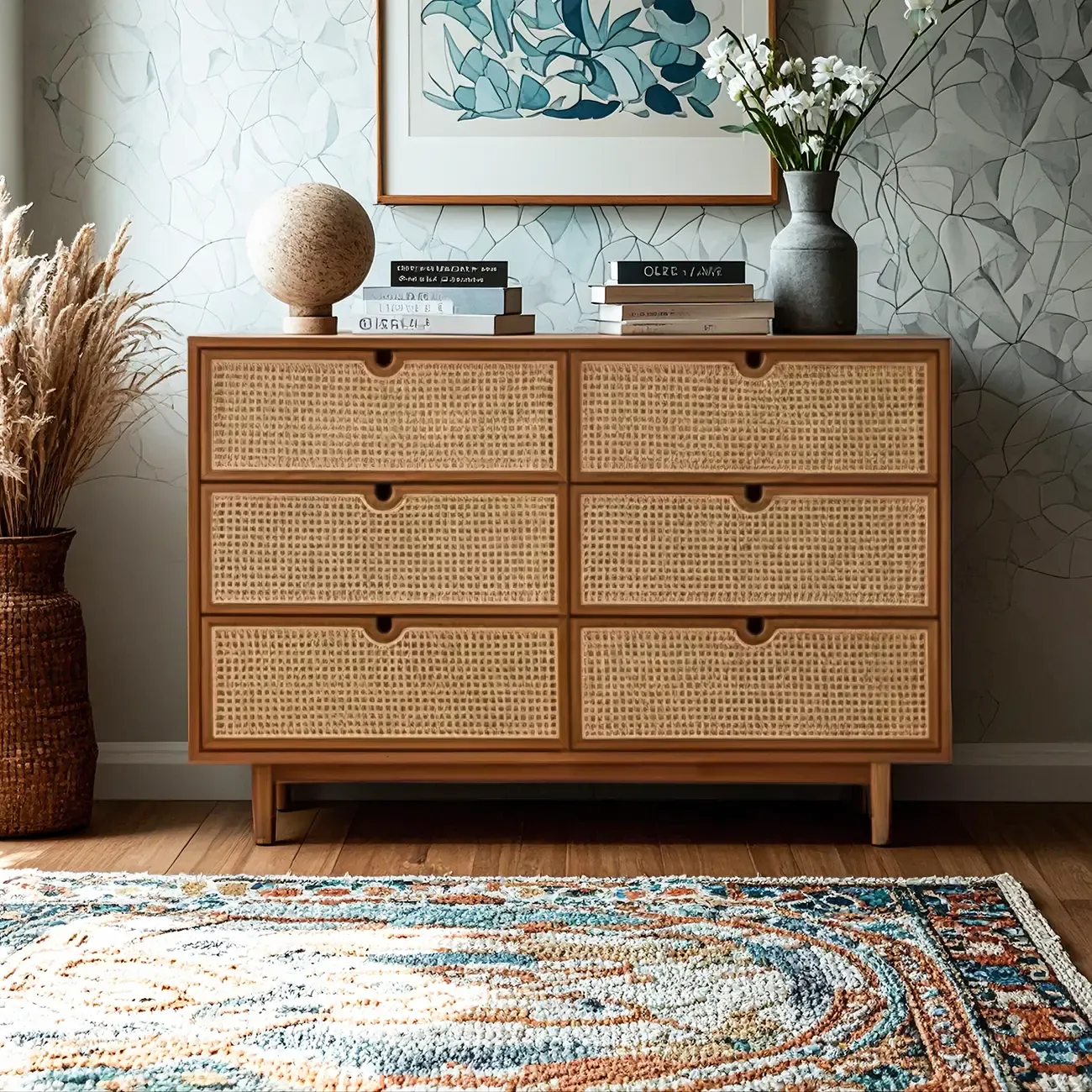 Rustic Brown Wooden Weaving Dresser for Bedroom Use Image - 1