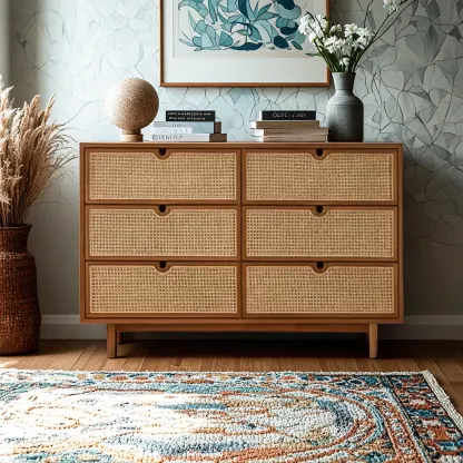 Rustic Brown Wooden Weaving Dresser for Bedroom Use Image - 1