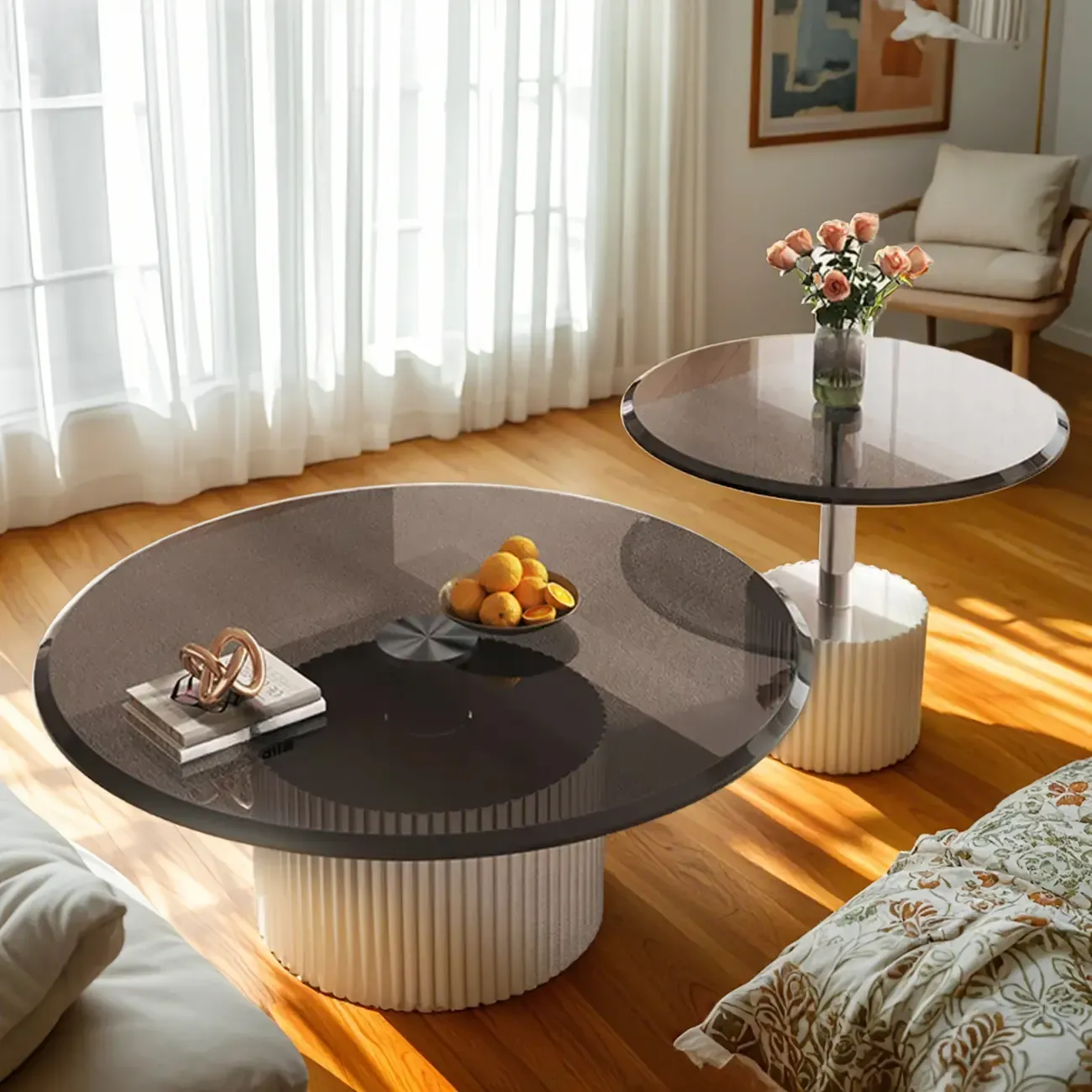 Modern Waterproof Glass Round Coffee Table with Silver Base Image - 1
