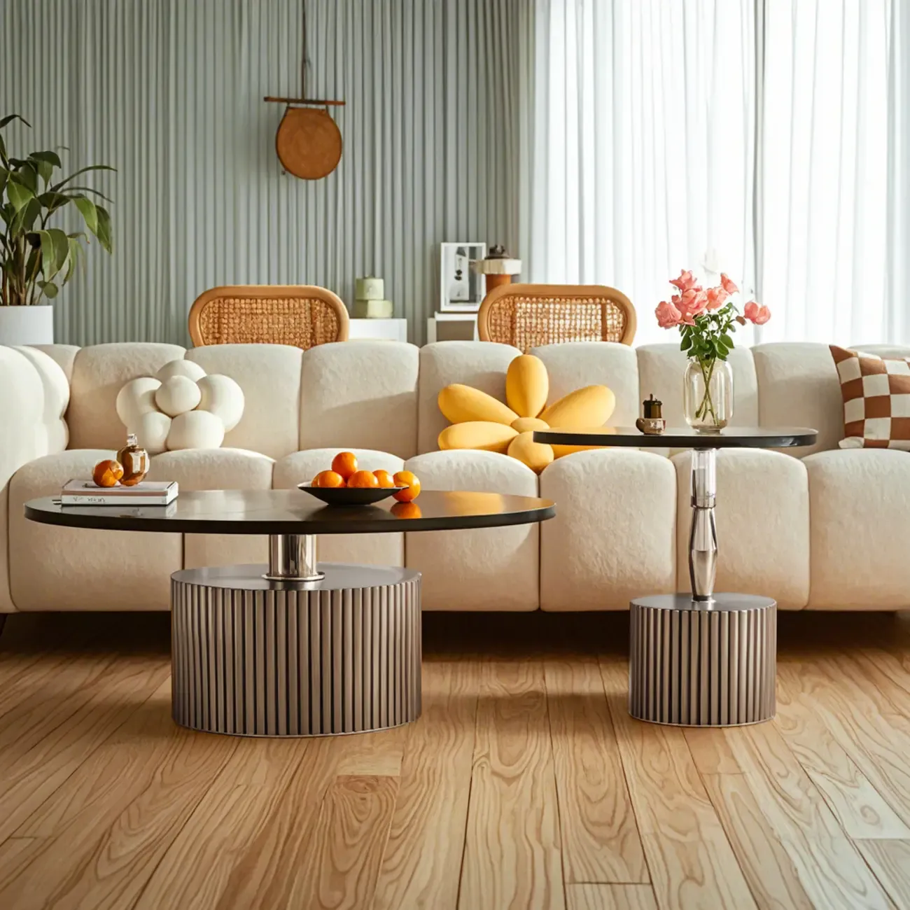 Modern Waterproof Glass Round Coffee Table with Silver Base Image - 2