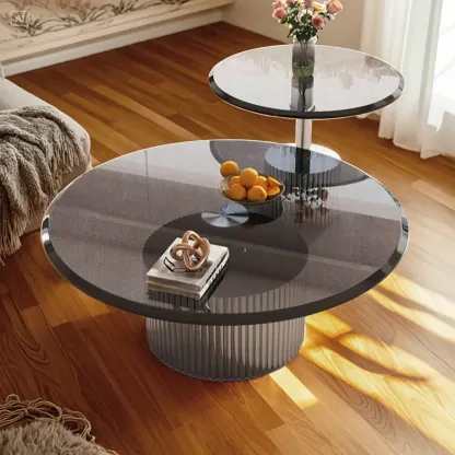 Modern Waterproof Glass Round Coffee Table with Silver Base Image - 4