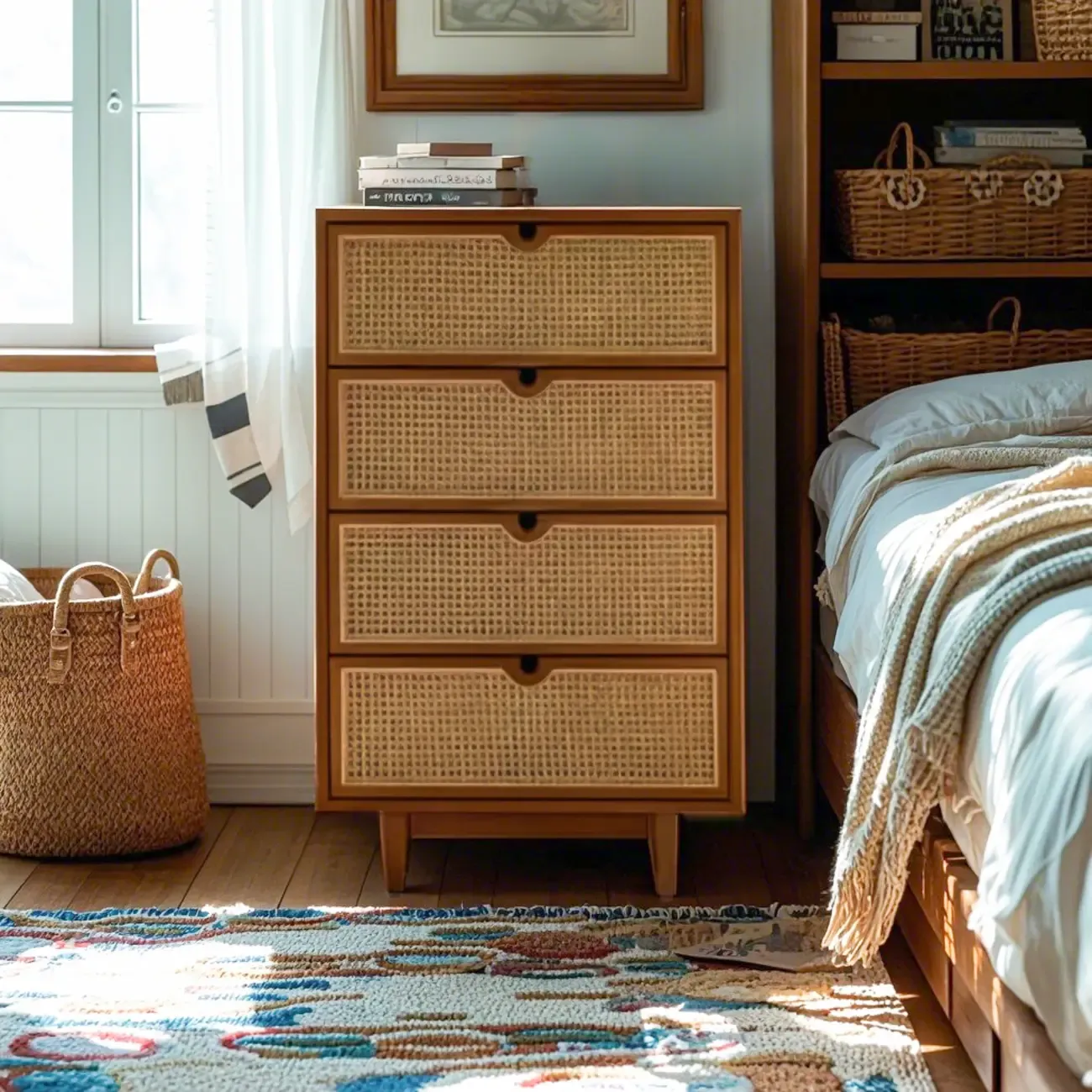 Rustic Brown Wooden Weaving Dresser for Bedroom Use Image - 4