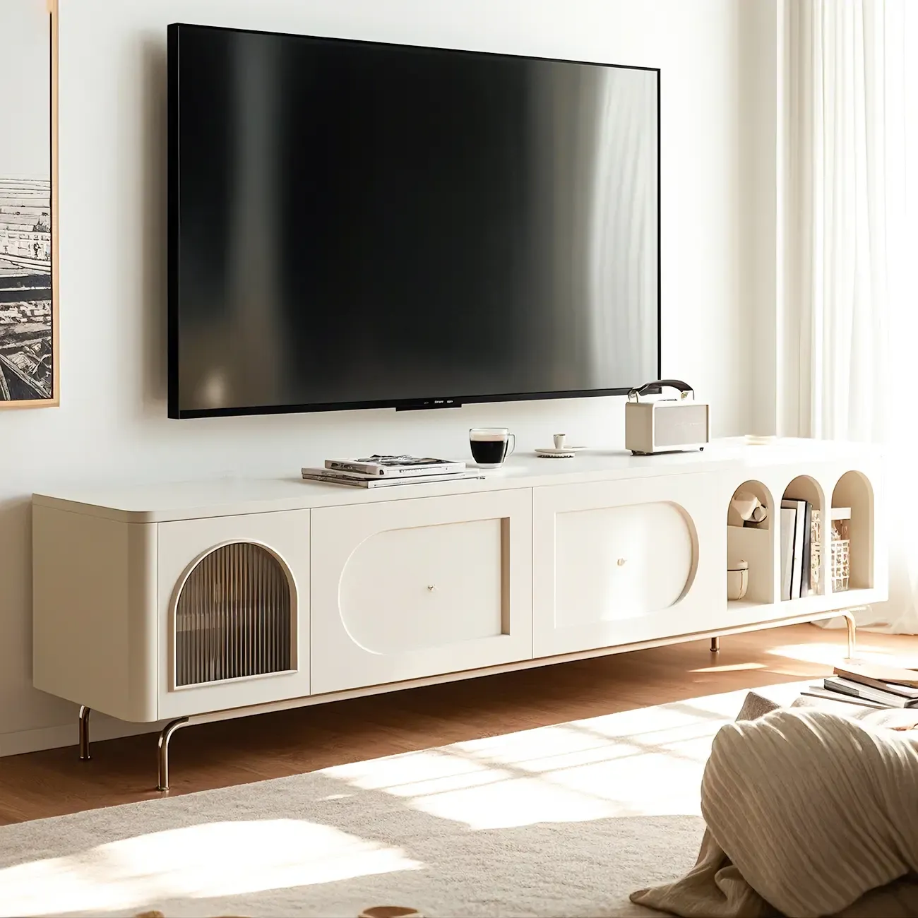 Modern White Wooden Juliet Arc TV Stand with Open Shelves Image - 2