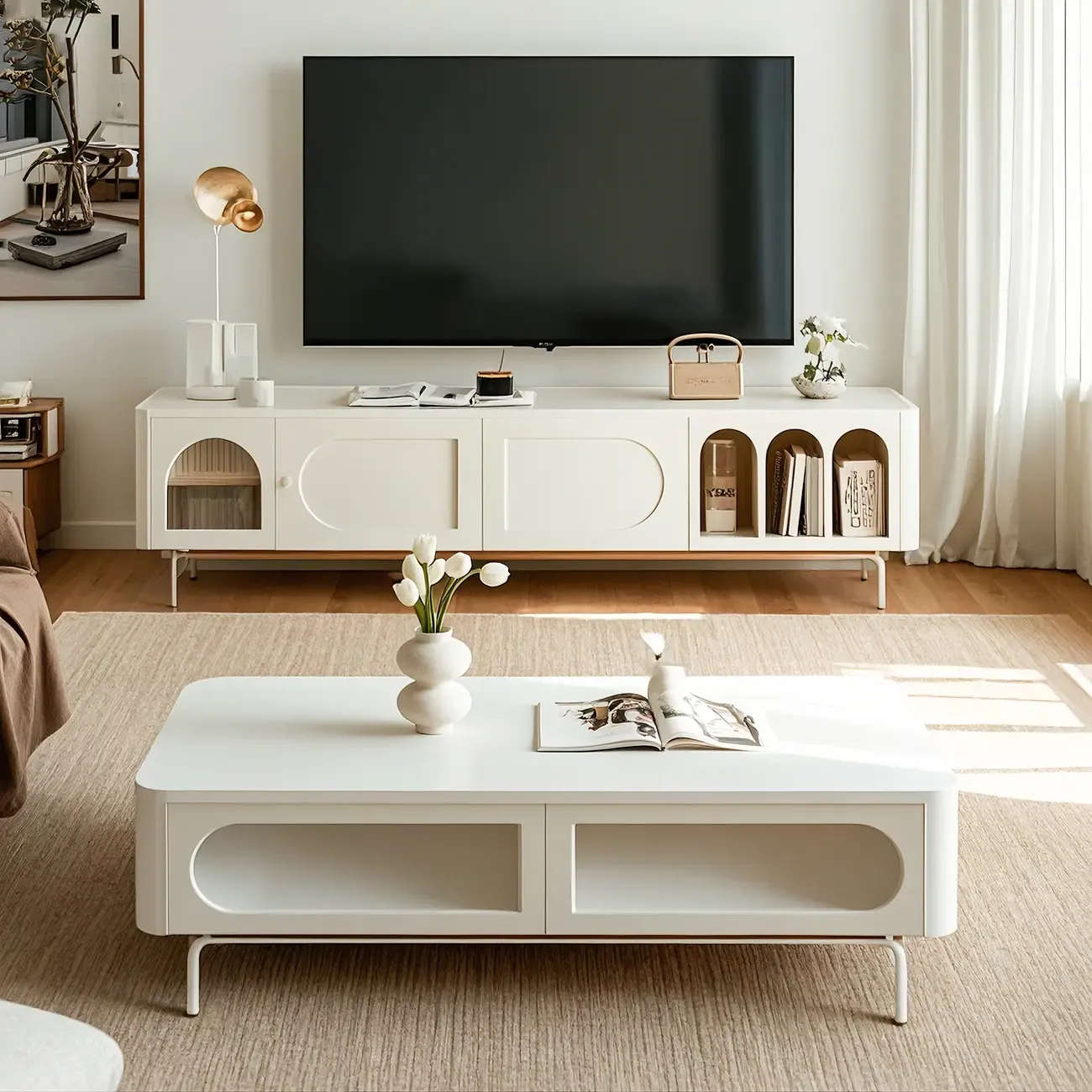 Modern White Wooden Juliet Arc TV Stand with Open Shelves Image - 3
