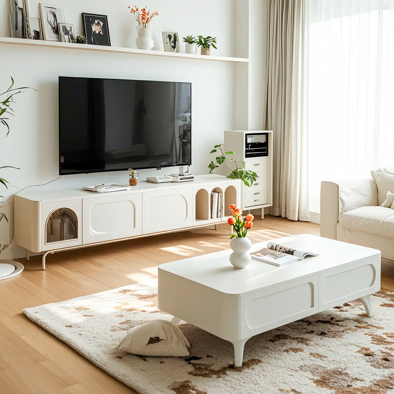 Modern White Wooden Juliet Arc TV Stand with Open Shelves Image - 4 | homeyfad