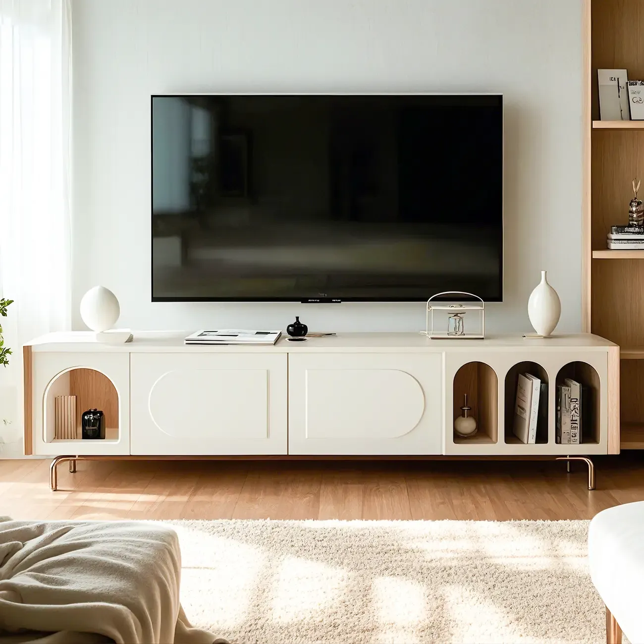 Modern White Wooden Juliet Arc TV Stand with Open Shelves Image - 1