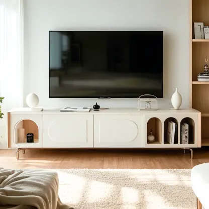 Modern White Wooden Juliet Arc TV Stand with Open Shelves Image - 1