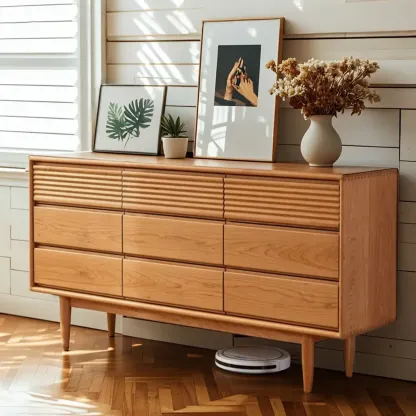 Elegant Brown Wood Double Dresser with 9 Drawers for Bedroom Image - 1