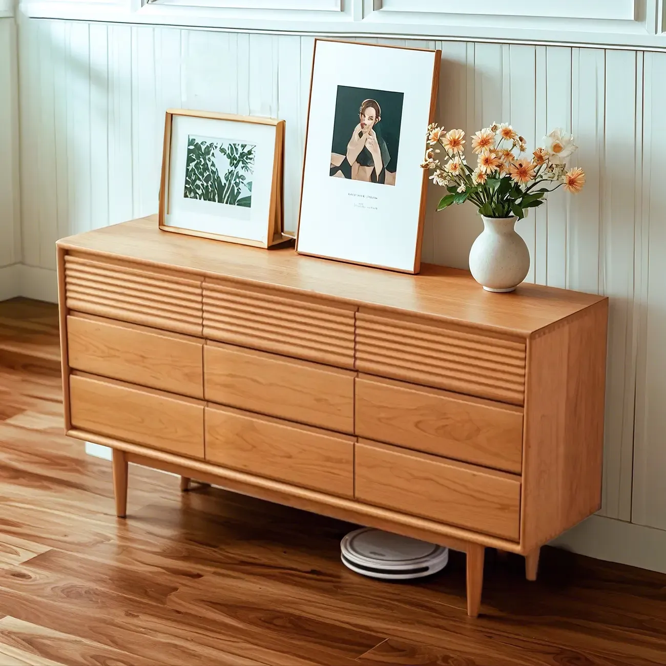 Elegant Brown Wood Double Dresser with 9 Drawers for Bedroom Image - 2