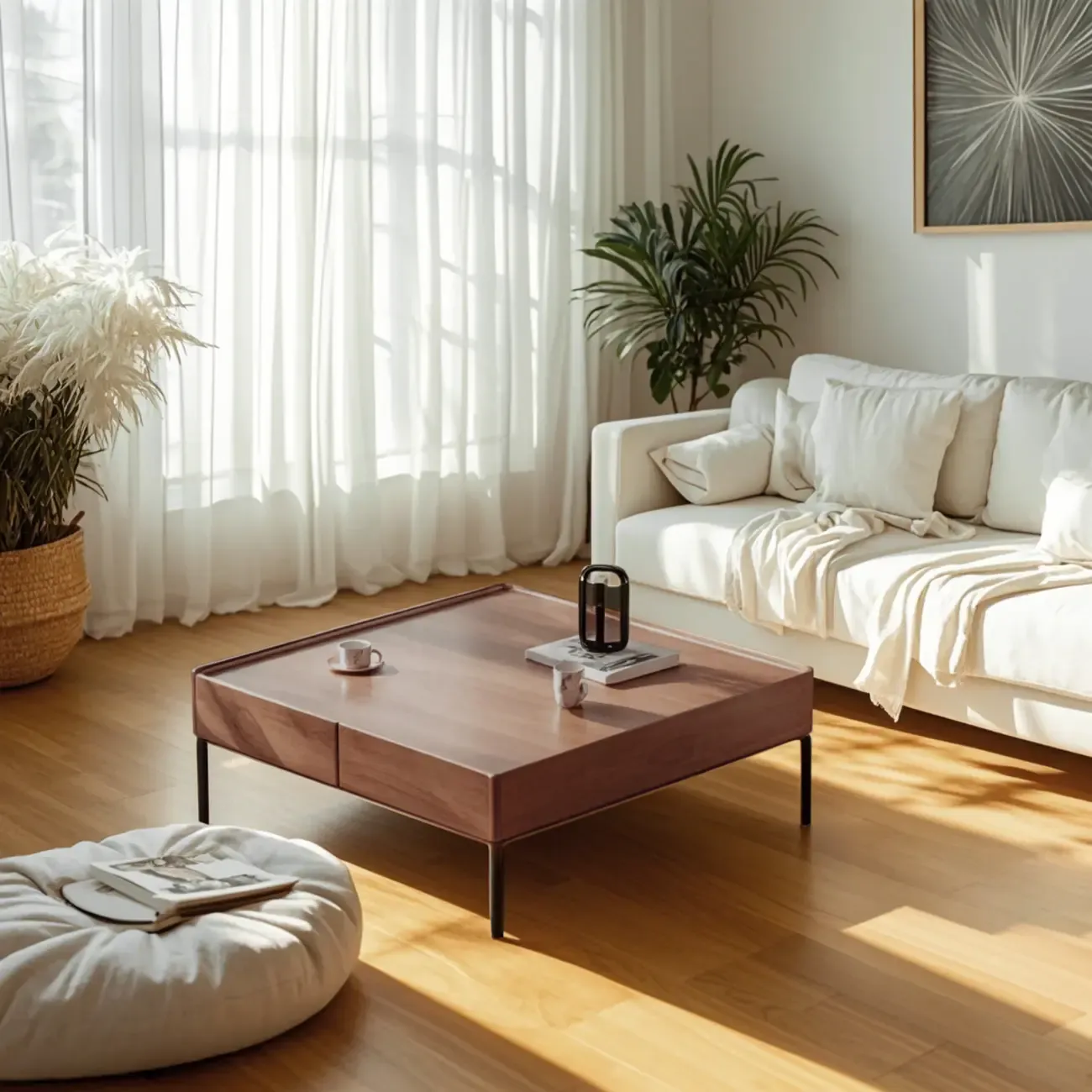 Rustic Wooden Square Coffee Table with Storage & Tray Top Image - 1