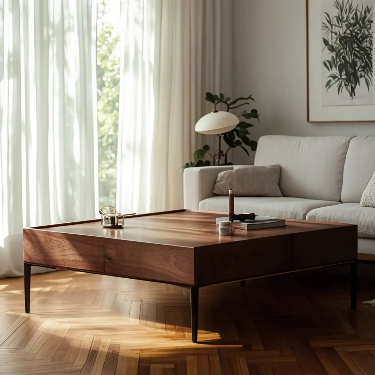 Rustic Wooden Square Coffee Table with Storage & Tray Top Image - 2 | homeyfad