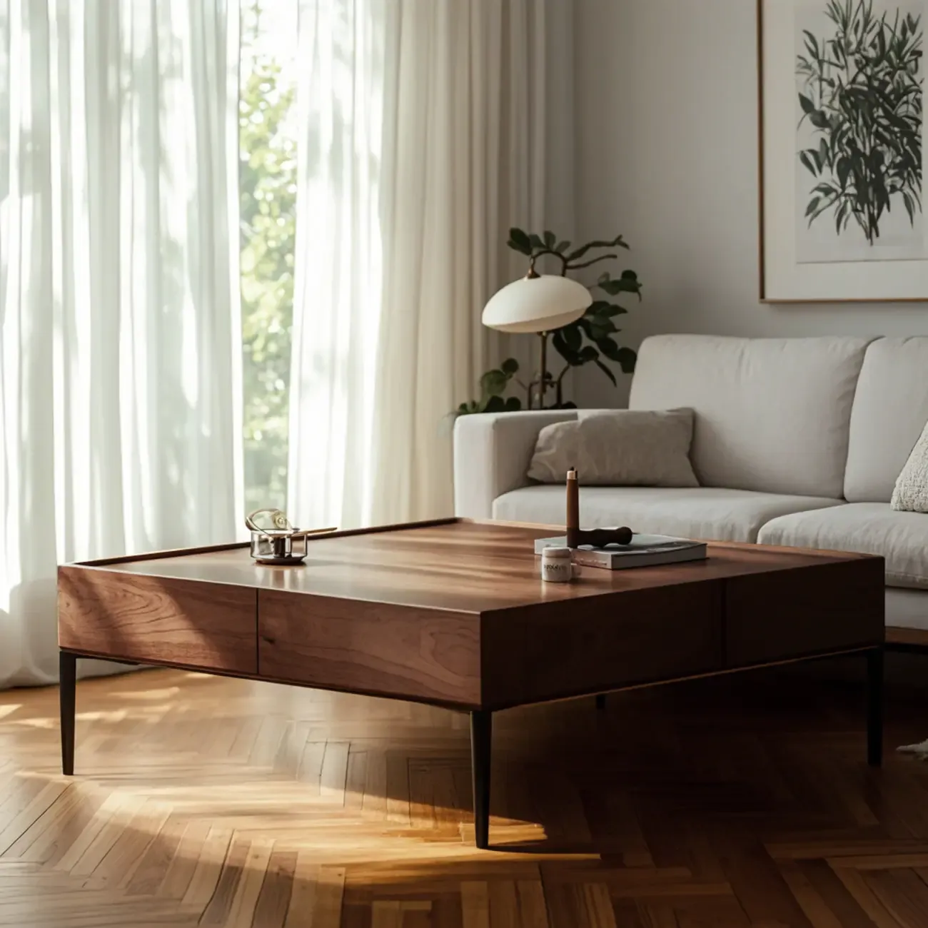 Rustic Wooden Square Coffee Table with Storage & Tray Top Image - 2