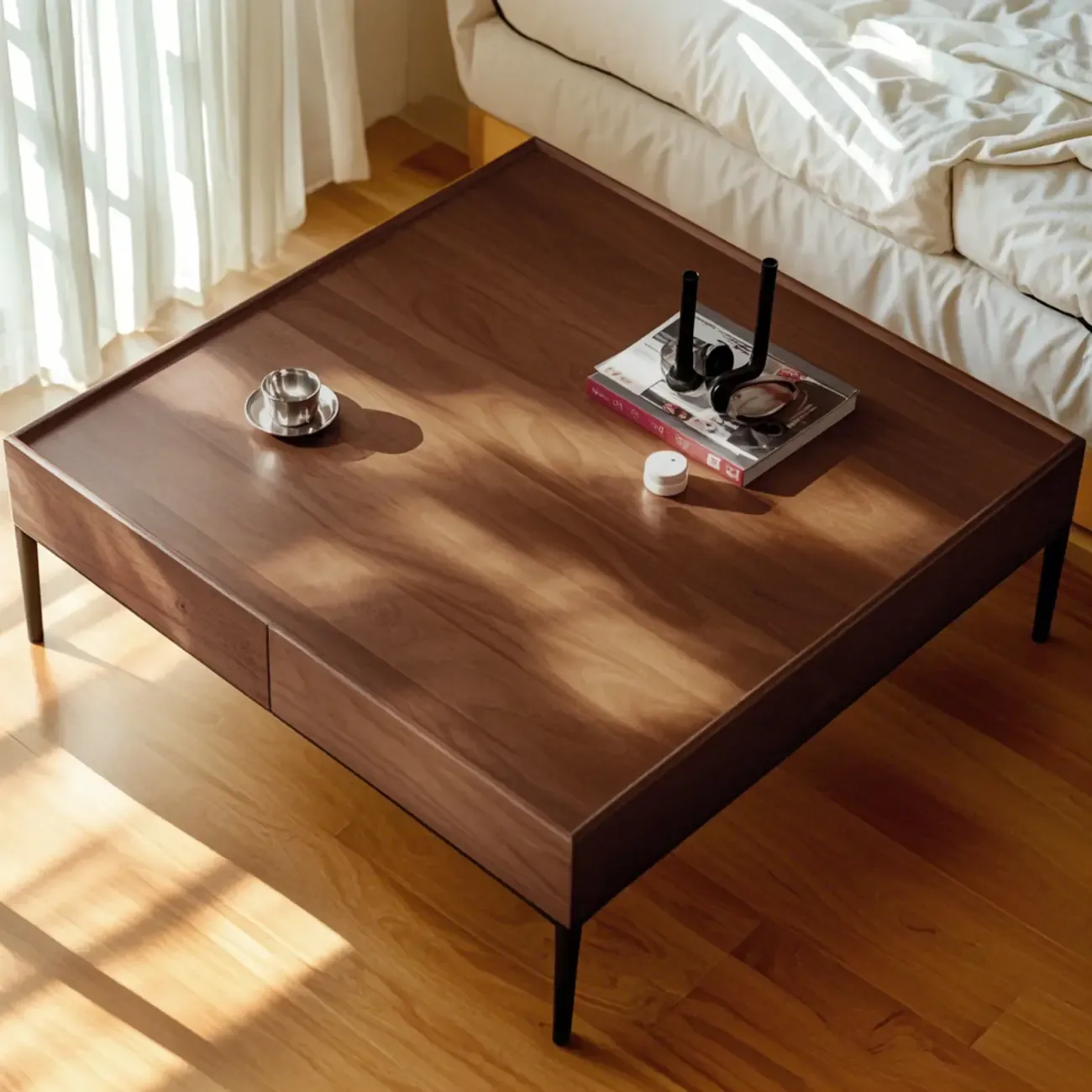 Rustic Wooden Square Coffee Table with Storage & Tray Top Image - 4