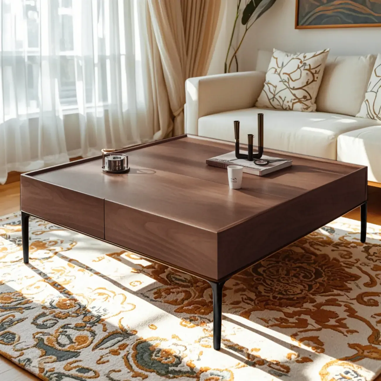 Rustic Wooden Square Coffee Table with Storage & Tray Top Image - 5