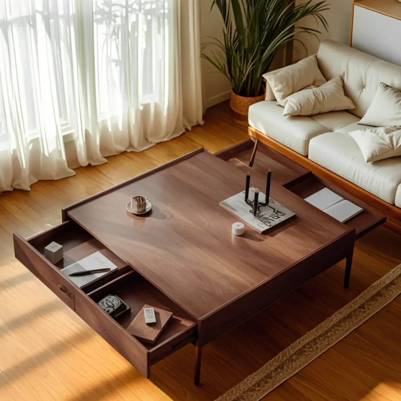 Rustic Wooden Square Coffee Table with Storage & Tray Top Image - 6