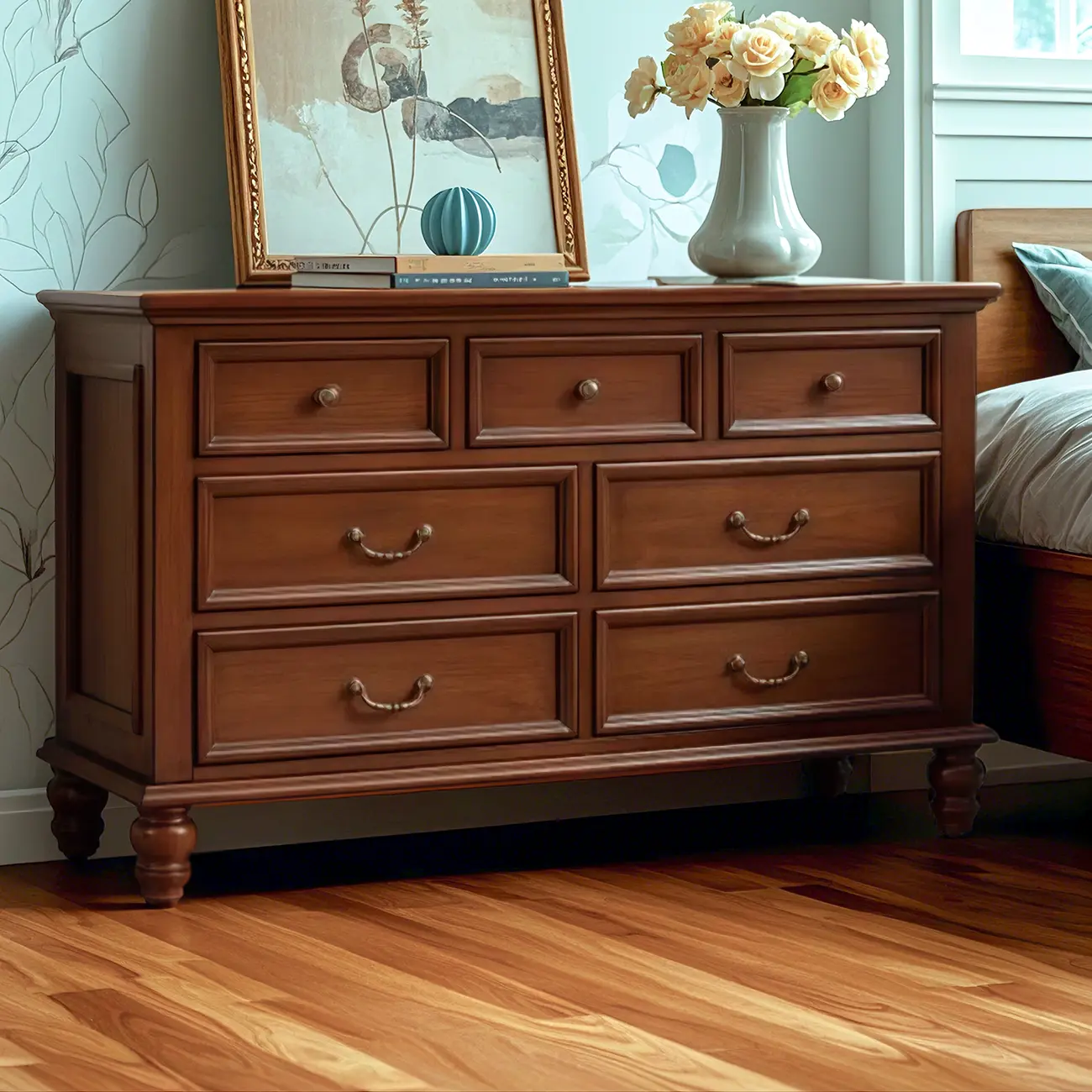 Vintage Rubberwood Chest with 7-Drawers for Bedroom Image - 1 | homeyfad