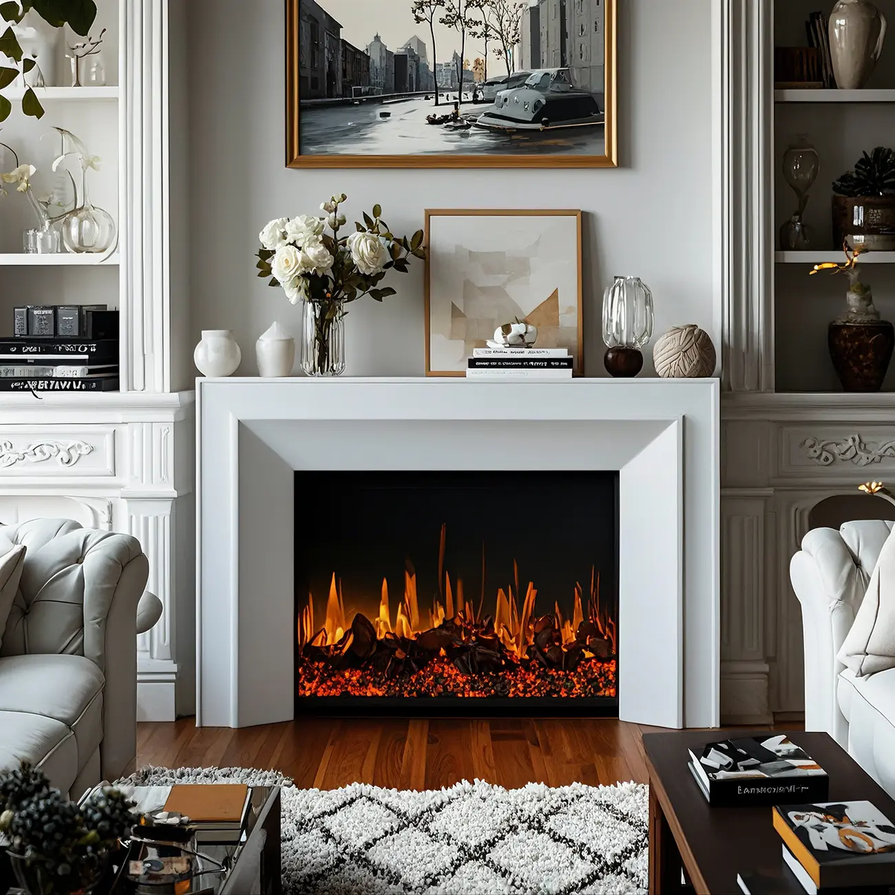 Stylish Tall Wooden TV Stand with Fireplace for Living Room Image - 3 | homeyfad