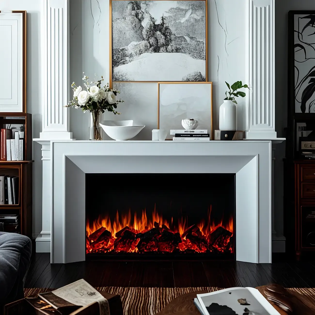 Stylish Tall Wooden TV Stand with Fireplace for Living Room Image - 1