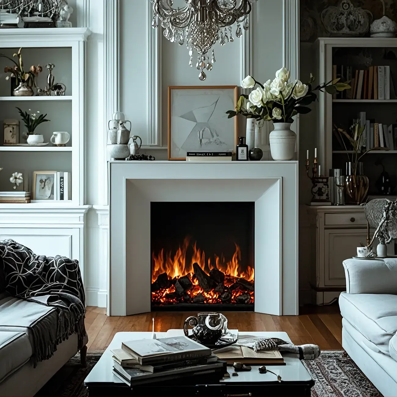 Stylish Tall Wooden TV Stand with Fireplace for Living Room Image - 5