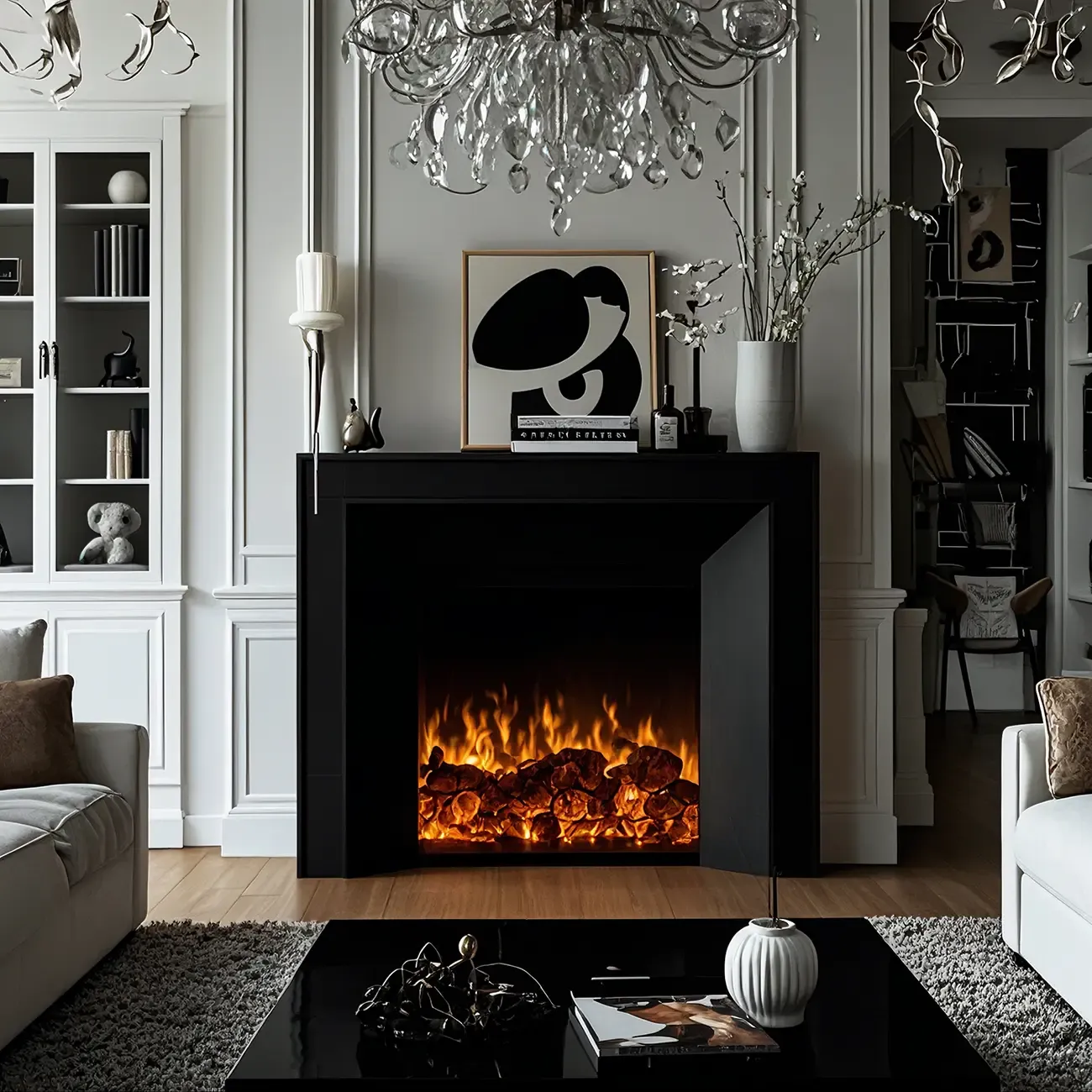 Stylish Tall Wooden TV Stand with Fireplace for Living Room Image - 6