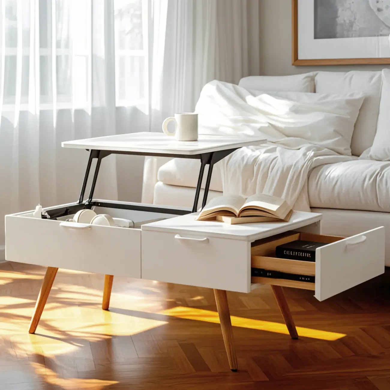 4-Legs Modern Wood White Lift-top Coffee Table with Storage Image - 1 | homeyfad