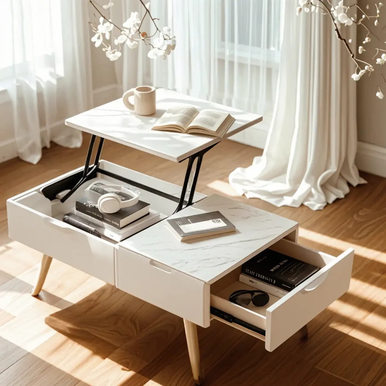 4-Legs Modern Wood White Lift-top Coffee Table with Storage Image - 4