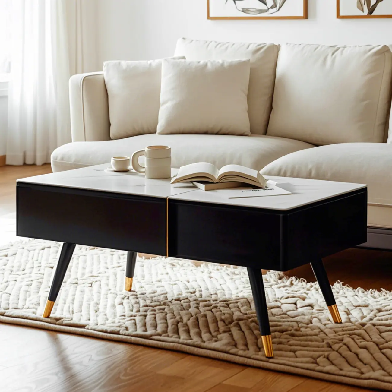4-Legs Modern Wood White Lift-top Coffee Table with Storage Image - 5 | homeyfad