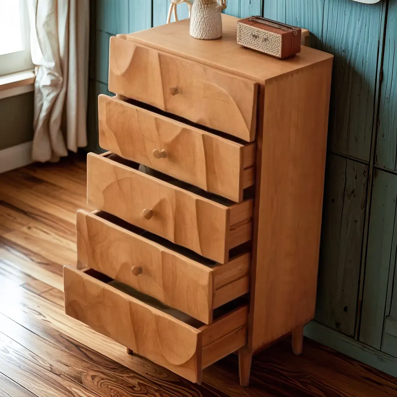Vintage Vertical Cherry Wood Chest with 5-Drawers for Bedroom Image - 1