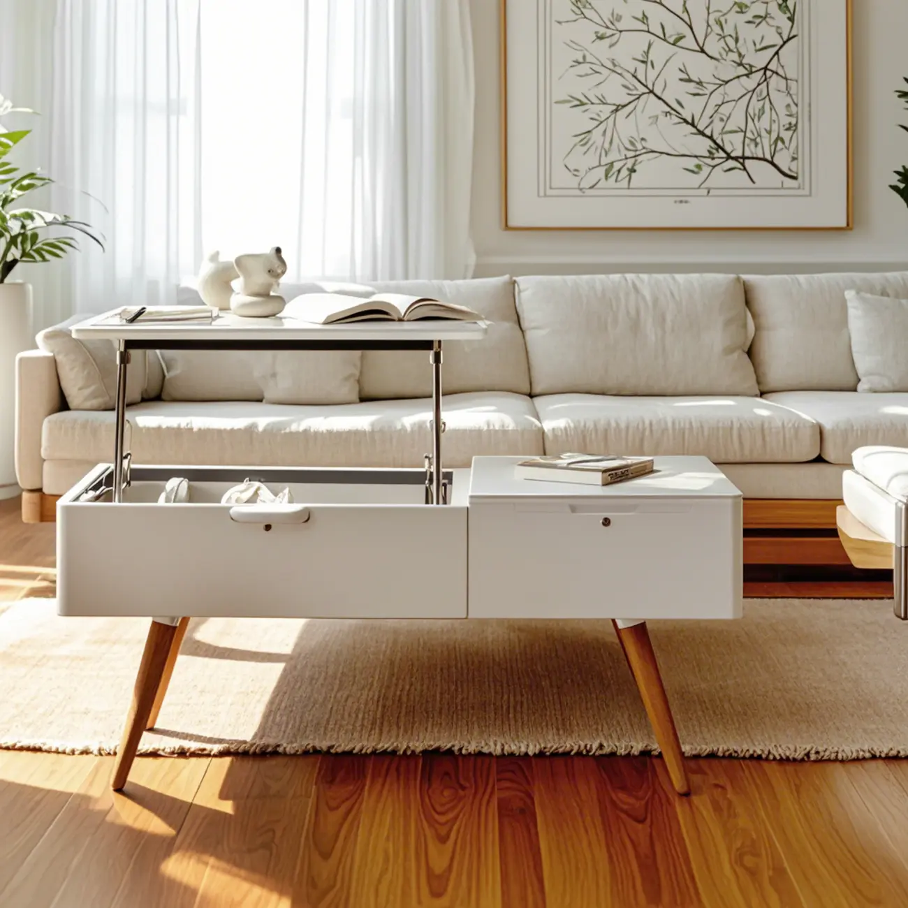4-Legs Modern Wood White Lift-top Coffee Table with Storage Image - 6 | homeyfad