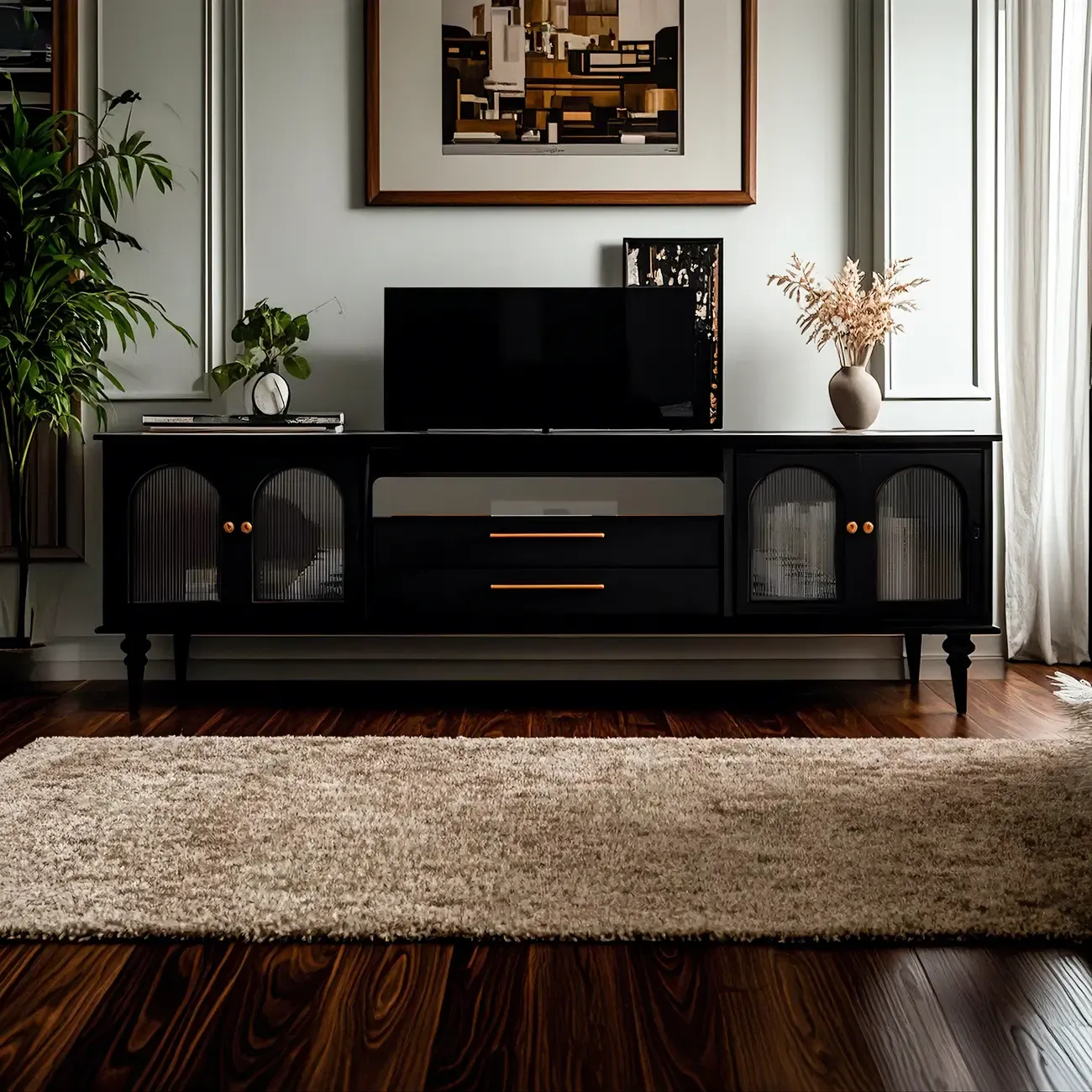 Traditional Black Wooden TV Stand with Cable Management | HomeyFad