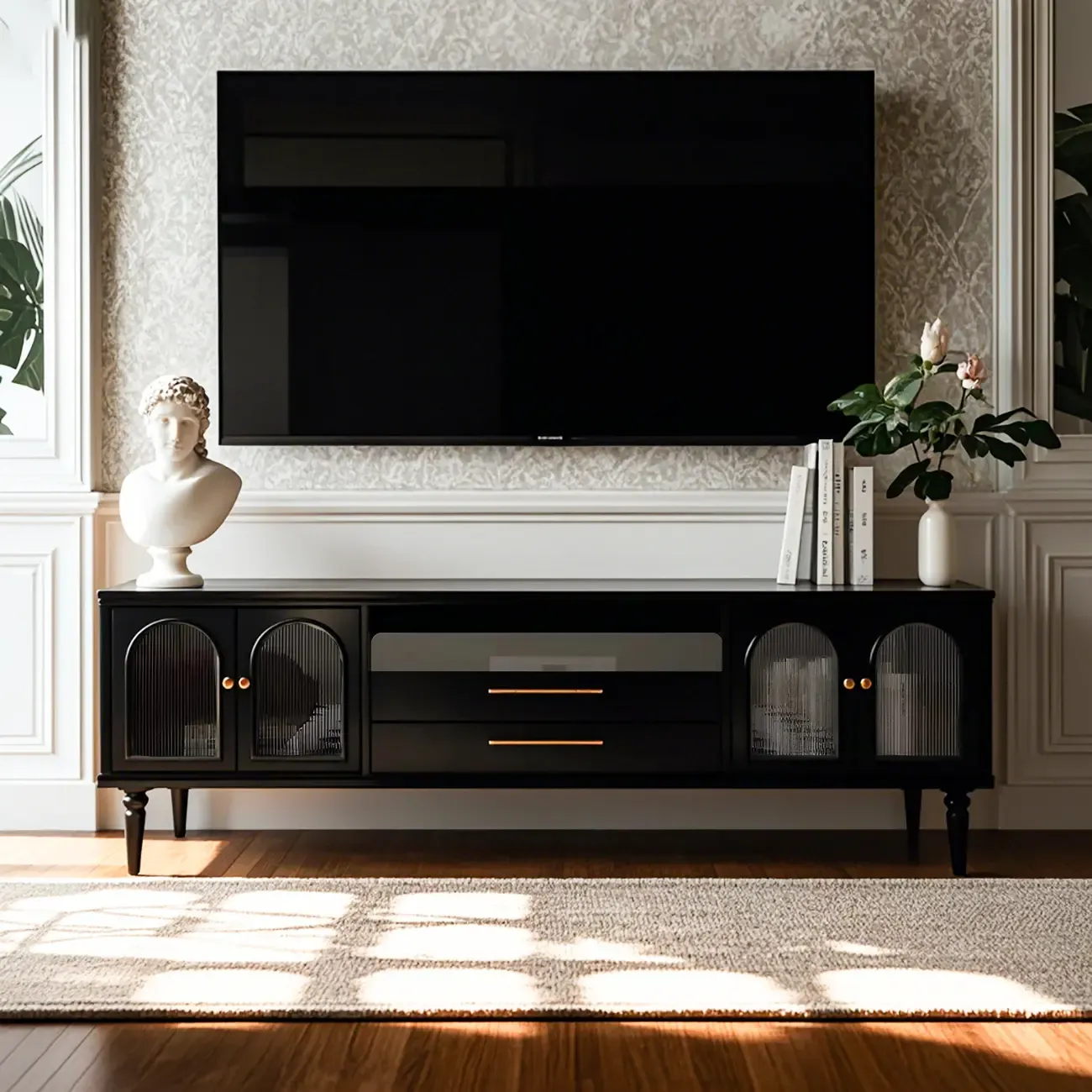 Glam Black Wooden TV Stand with Open Storage for Living Room Image - 1