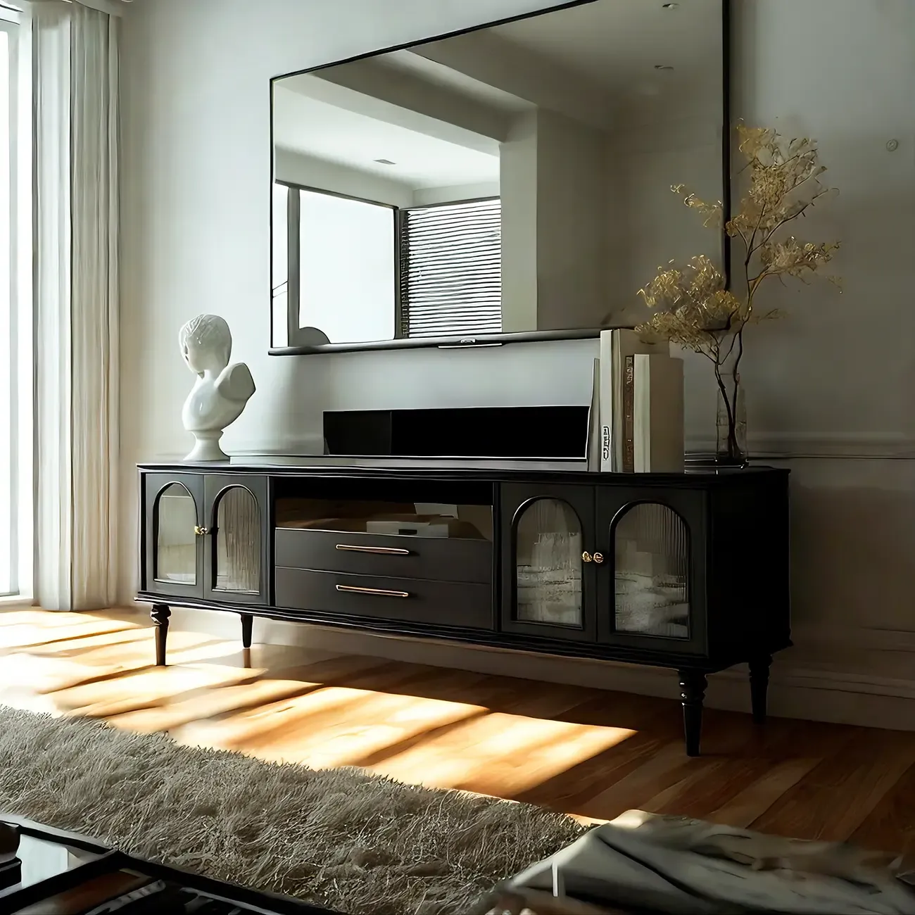 Glam Black Wooden TV Stand with Open Storage for Living Room Image - 3