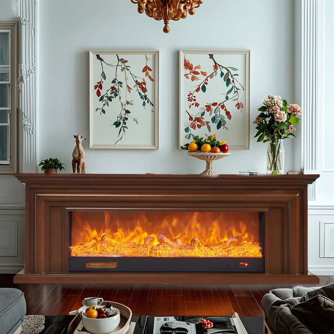 Vintage Wooden Rectangular TV Stand with Fireplace for Home Image - 3 | homeyfad