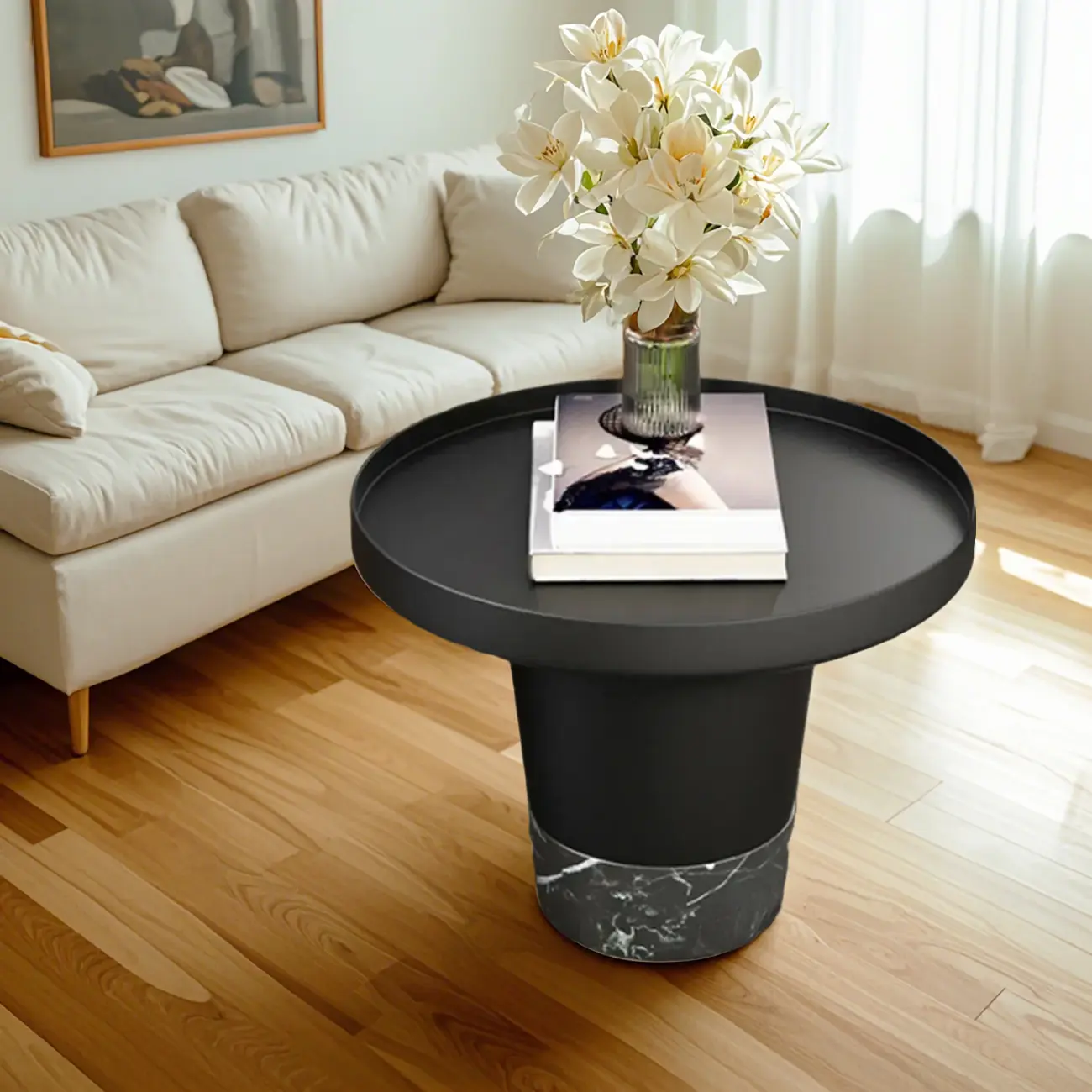 Modern Small Black Round Coffee Table with Marble Base  Image - 1 | homeyfad