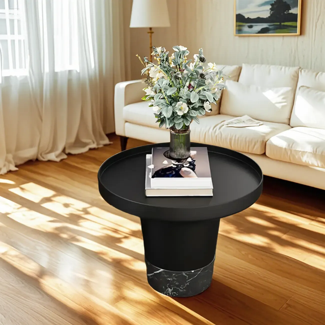 Modern Small Black Round Coffee Table with Marble Base  Image - 6
