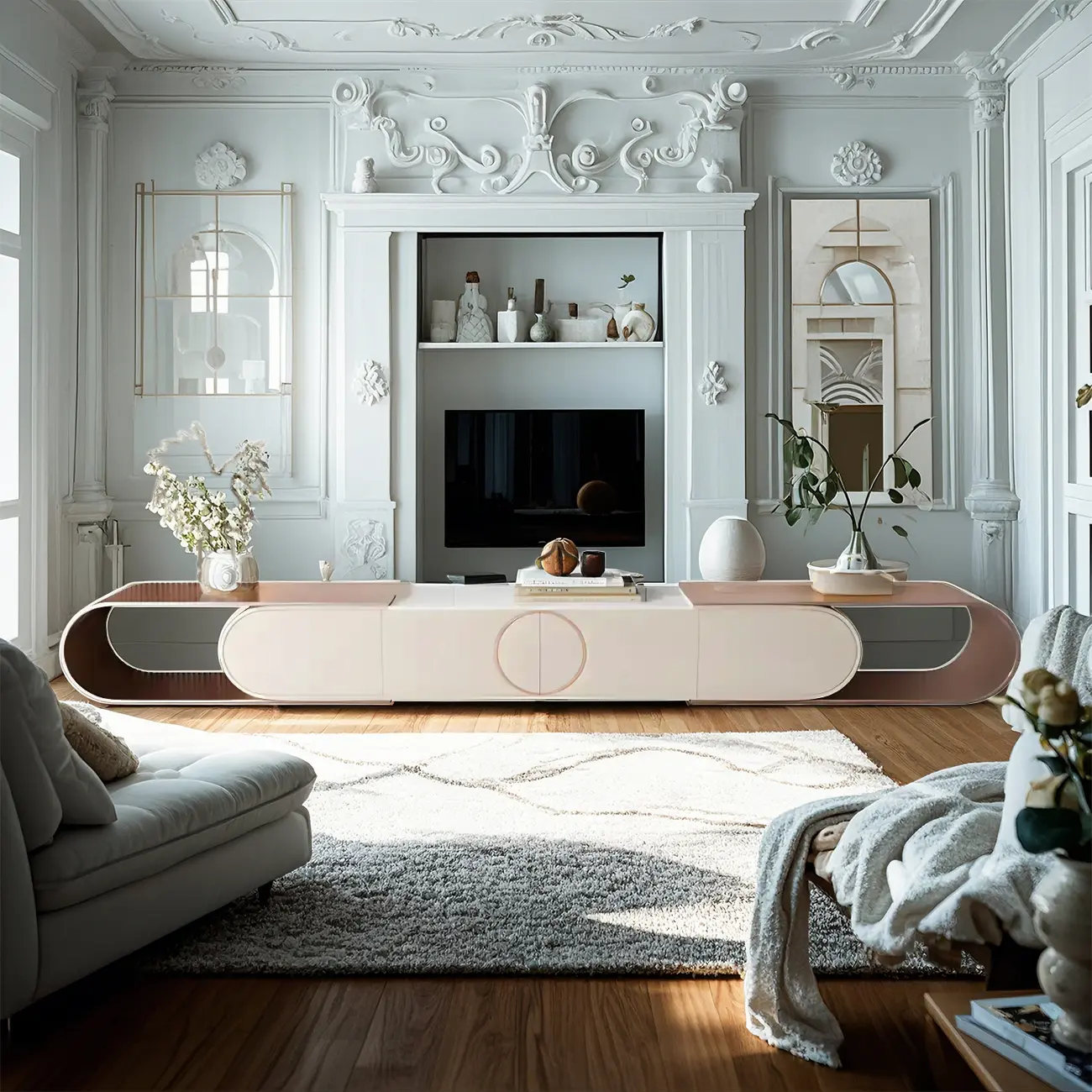 Glam Stone TV Stand with Open Shelves & Cabinets for Home Image - 1 | homeyfad