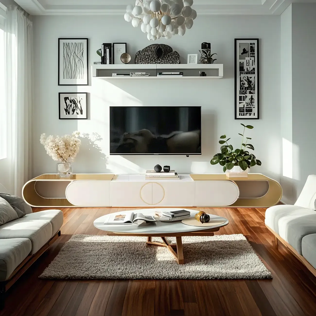 Glam Stone TV Stand with Open Shelves & Cabinets for Home Image - 2